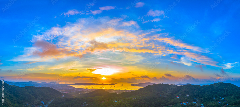 aerial scenery sunrise at Chalong sea Phuket Thailand.