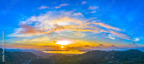aerial scenery sunrise at Chalong sea Phuket Thailand.