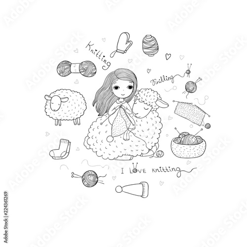 Knitting girl and a cute cartoon sheep.