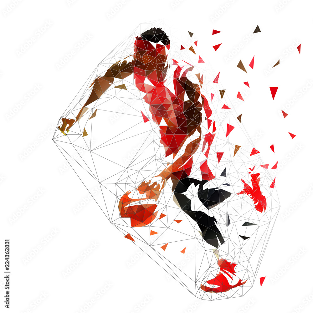 Fototapeta premium Basketball player dribbling with ball, isolated low polygonal vector illustration. Side view