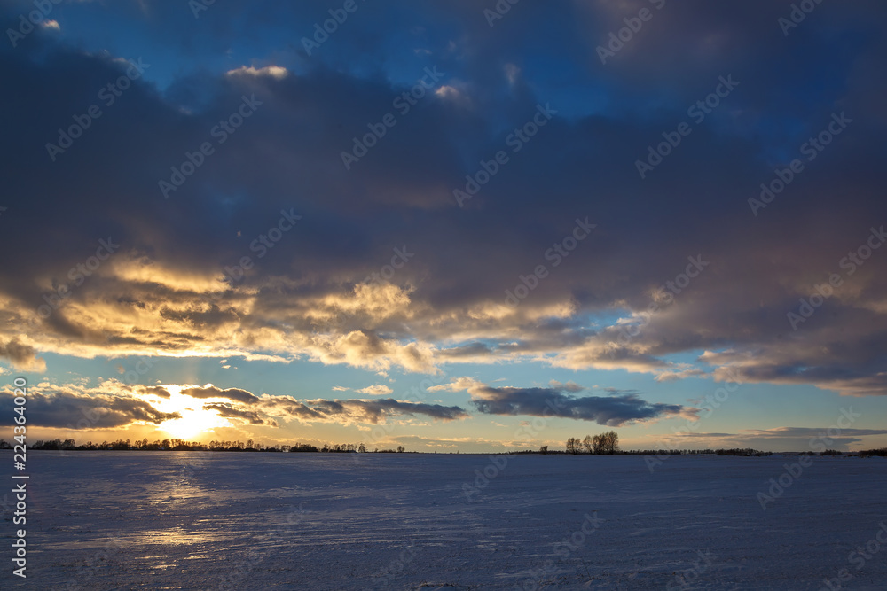 Fototapeta premium Winter snowy field and a blue sky with clouds