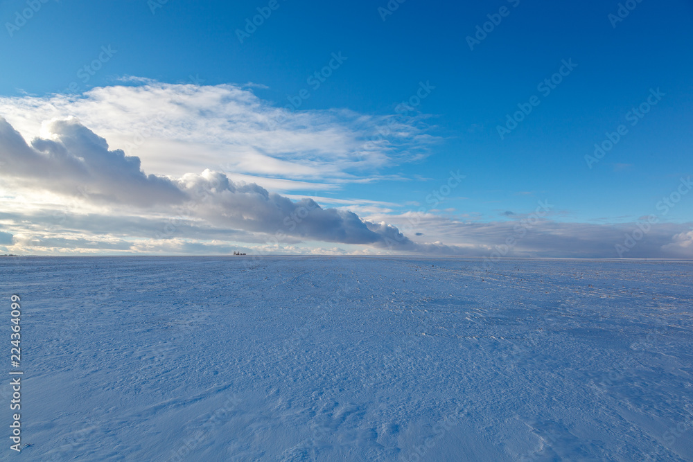 Winter snowy field and a blue sky with clouds