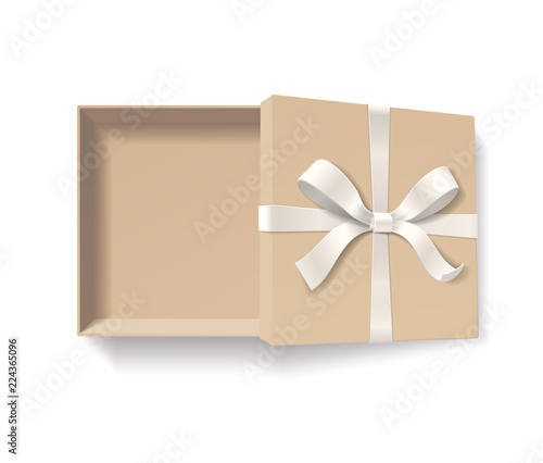 Empty open kraft gift box with silver color bow knot, ribbon isolated on white background. Happy birthday, Christmas, New Year, Wedding, Valentine Day package concept. Vector illustration 3d top view