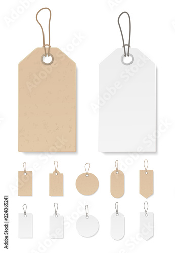 Set of blank gift box tags or sale shopping labels with rope. White paper and brown kraft realistic material. Empty organic style stickers. Flat design isolated vector.