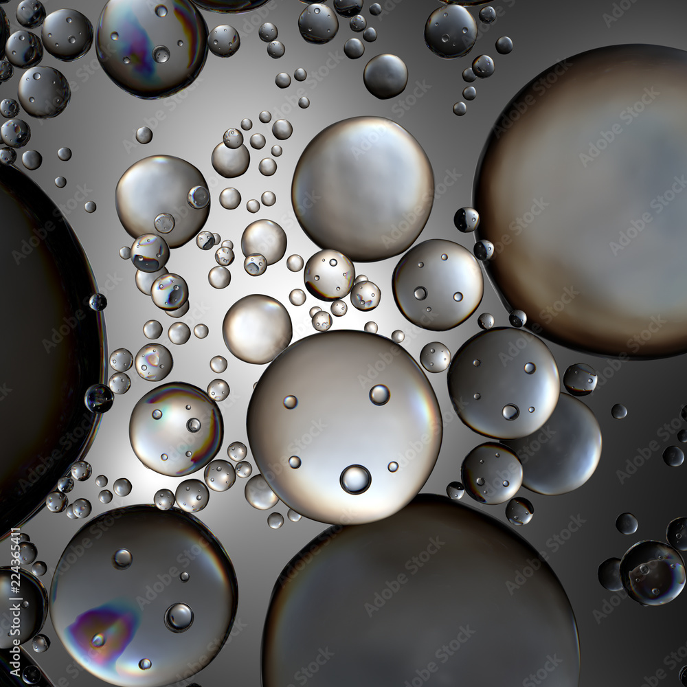 3d render abstract background with glass bubbles. Clear beautiful Water drops refractive background.