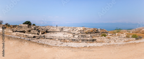 The remains  of the amphitheater in the ruins of the Greek - Roman city of the 3rd century BC - the 8th century AD Hippus - Susita on the Golan Heights near the Sea of Galilee - Kineret, Israel photo