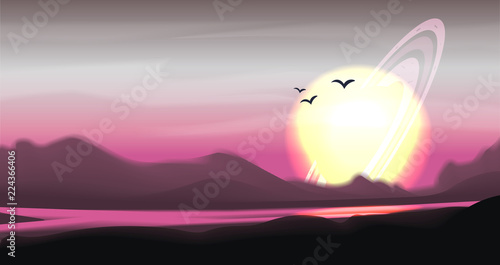 Fantastic colored panorama, fantasy vector landscape. Fantasy planet illustration. Space vector sci-fi background, gas giant with rings in the sky, fantastic alien landscape. Mountain valley