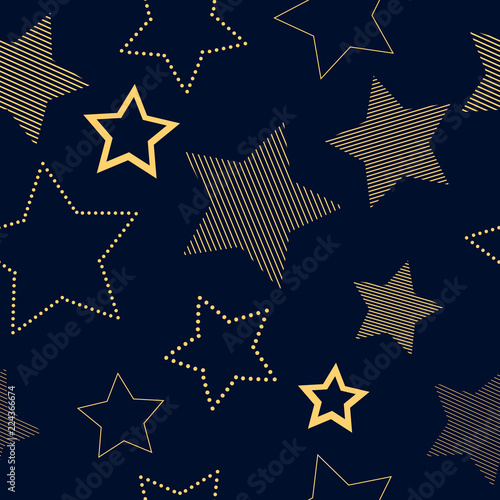 Golden simple striped and doted stars on blue geometric seamless pattern, vector