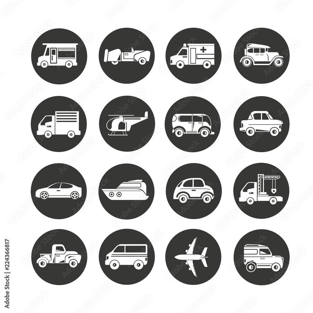 transportation icon set in circle buttons