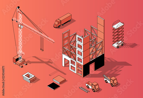 Vector 3d isometric construction site concept with unfinished building, crane and transport. Building exterior in orange colors, black thin lines. Urban tower with shadow. Industrial background.
