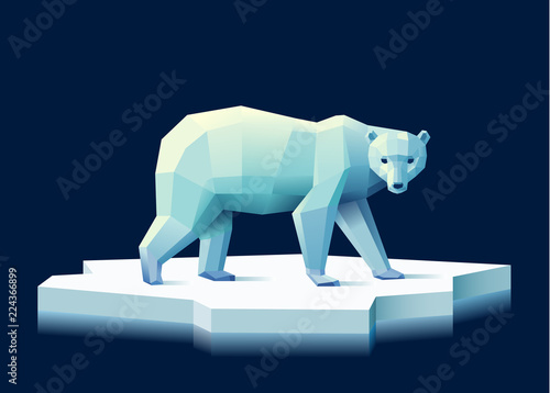 Low poly polar bear on an ice floe against a dark blue background, eps10 vector