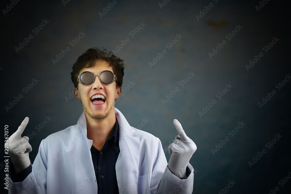 Laughing male scientist giving you the fingers.