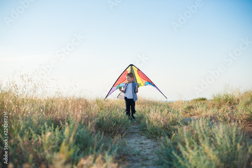 healthy small boy standing with colorful kite in outdoors leisure environment