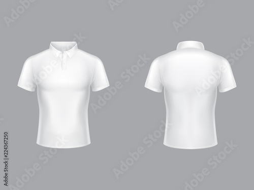 White polo shirt 3d realistic vector illustration of tennis t-shirt with collar and short sleeves. Isolated man and woman casual sportswear front and back mockup for print design or promo branding