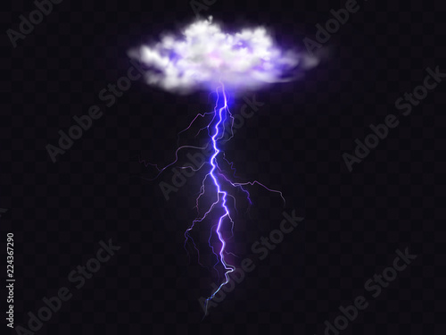 Lightning thunderbolt from thunderstorm cloud vector illustration. Isolated realistic electric flash from sky on transparent background, weather element