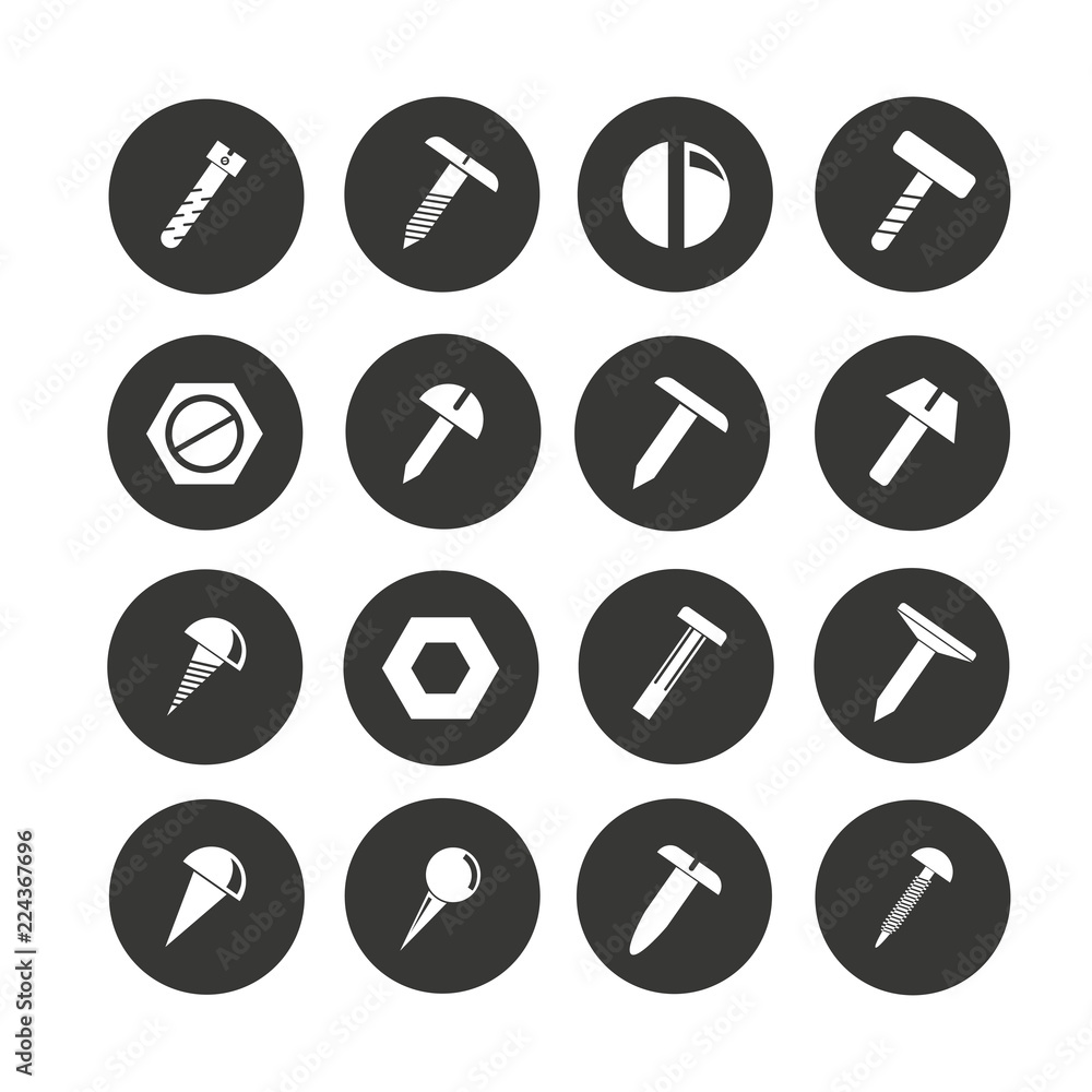 rivet, screw and bolt icon set in circle buttons rivet, screw and bolt icon set in circle buttons