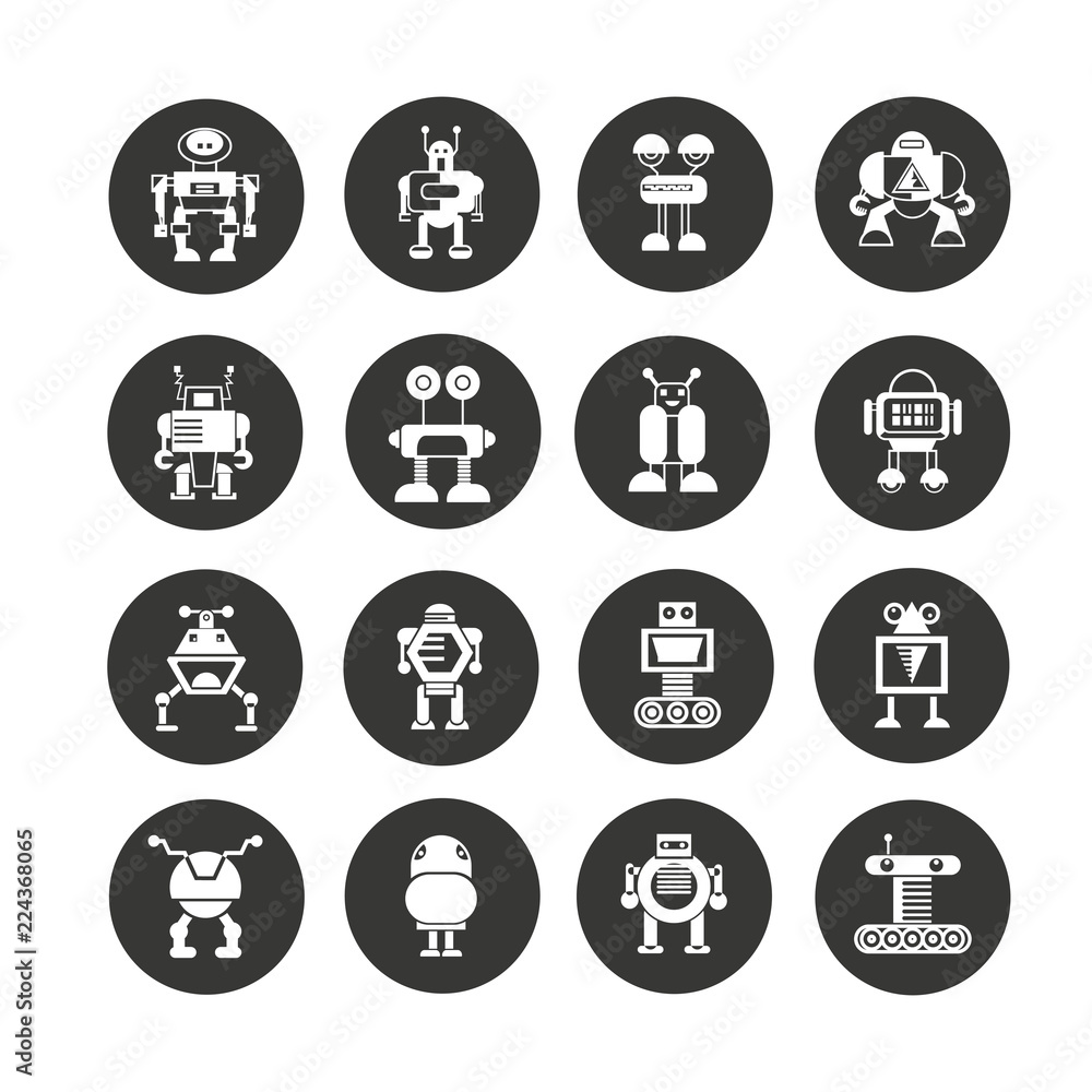 cute robot and monster icon set in circle buttons cute robot and monster icon set in circle buttons