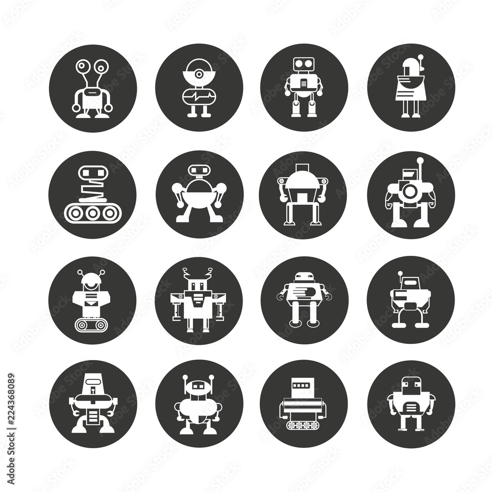 robot character icons in circle button robot character icons in circle button