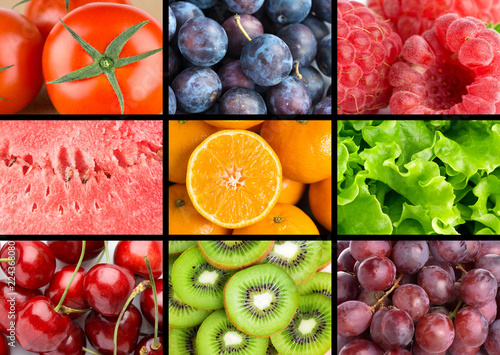 Background of fresh mixed fruits and vegetables
