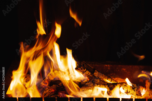 Bright burning wood in a camping on a black background