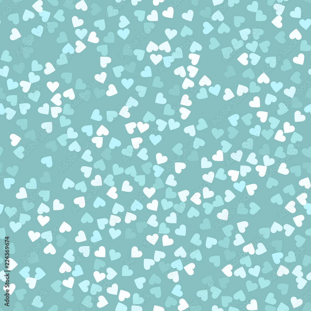 Glitter seamless texture. Actual mint particles. Endless pattern made of sparkling hearts. Optimal a