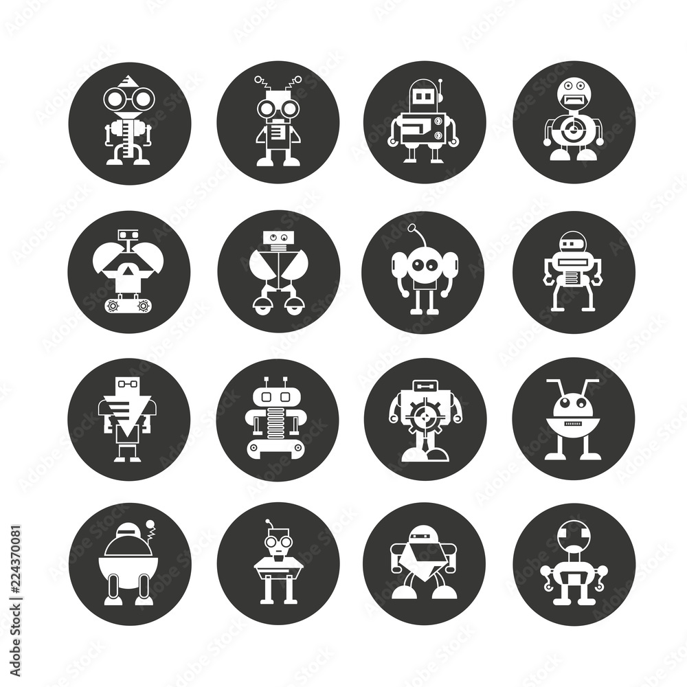 robot character icons in circle button robot character icons in circle button
