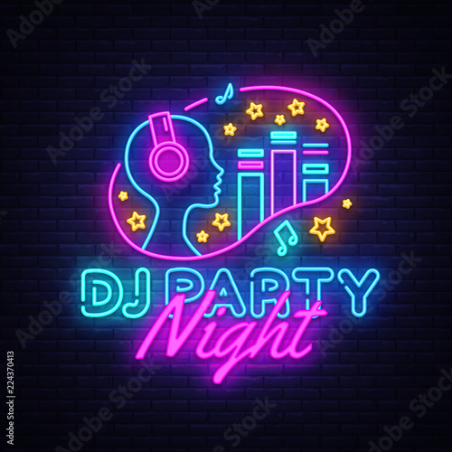 DJ Party Neon sign vector. Night Party Design template neon sign  Dj Sound Advertising light banner  neon signboard  nightly bright advertising  light inscription. Vector illustration