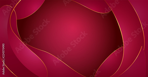 Vector abstract fluid shapes composition. Red wine waves background with plastic liquid, organic shapes, golden rim.