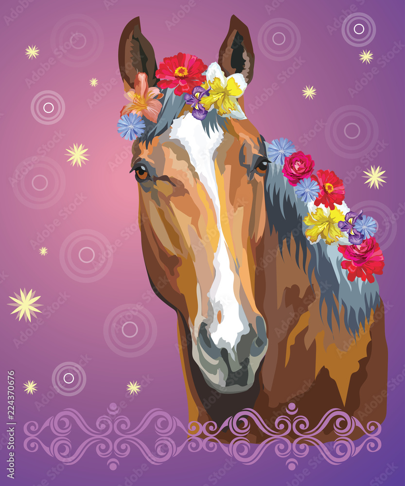 Fototapeta premium Horse portrait with flowers7