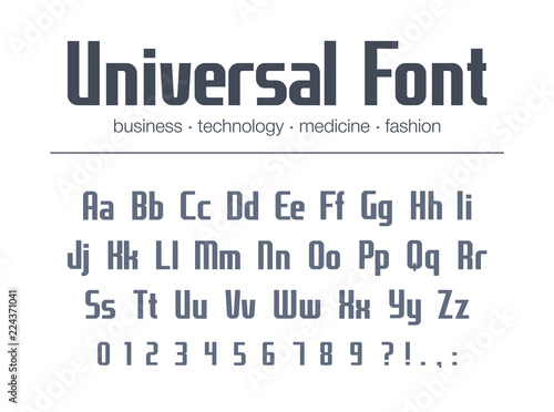 Universal font for business headline text. Condensed, narrow alphabet. Technology typography style. Media, fashion, medicine geometric logo design. Modern poster typeface with vector letters, numbers