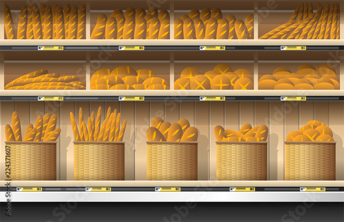 Different kinds of bread display on shelf in supermarket , vector , illustration