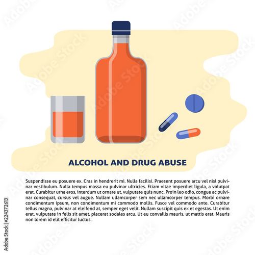 Alcohol and drugs concept illustration in flat style with text