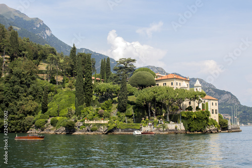 A view of the splendid gardens of Villa del Balbiano at Lake Como, Lenno, Lombardy, Italy. photo