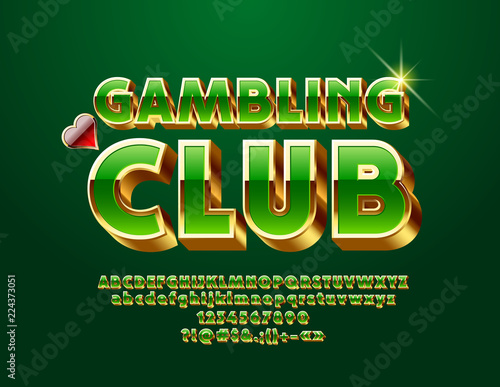 Vector luxury Emblem Gambling Club. Golden and Green Alphabet Letters, Numbers and Symbols. Elite Glossy Font.