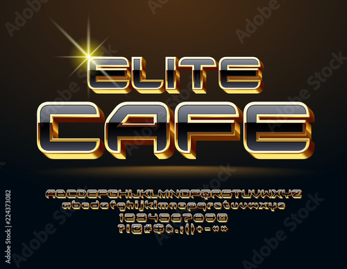 Vector chic Sign Elite Cafe. Glossy 3D Font. Luxury Alphabet Letters, Numbers and Symbols