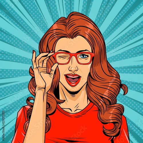 Comic pretty winking red hair woman