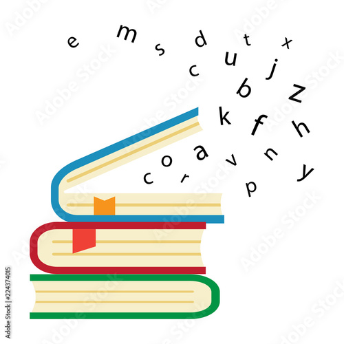Pile of colorful books. Open book with flying letters. Vector illustration