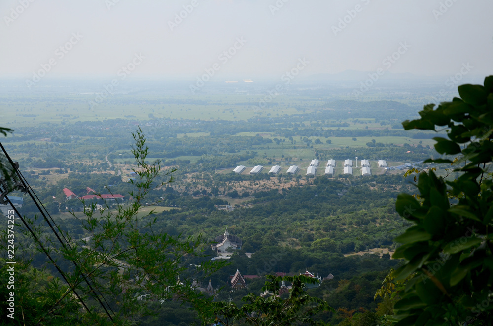 View landscape and Khao Wong Phrachan mountain with Build Big buddha statue in Lopburi, Thailand