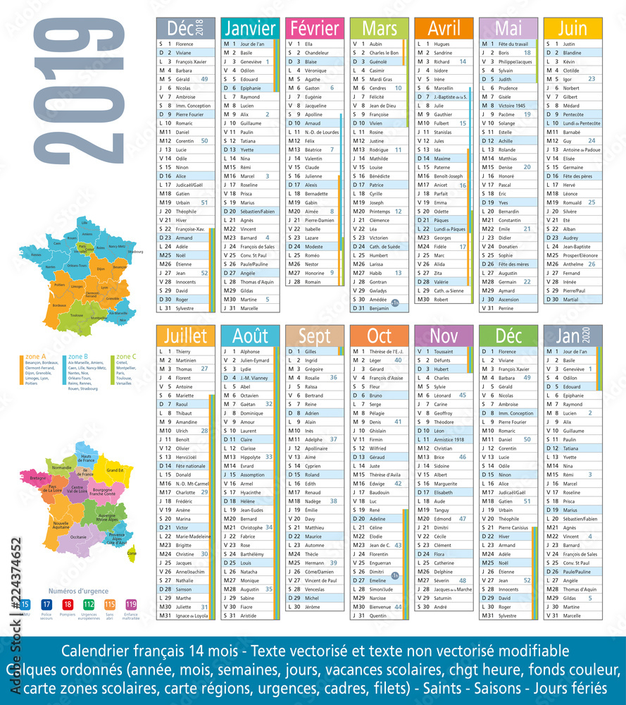Naklejka premium 2019-Calendrier 14 mois-Carte régions et académies-1