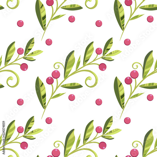 Branch of cranberries with berries vector pattern. seamless herbal pattern for printing on fabric, wallpaper, background. Vector illustration