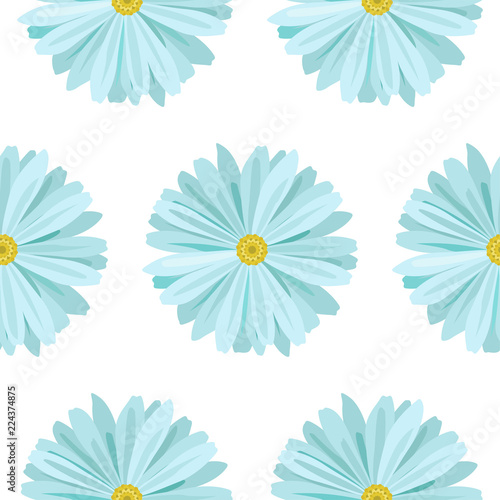 Cute Floral seamless pattern with light blue daisies on beautiful white background. Spring flowers background