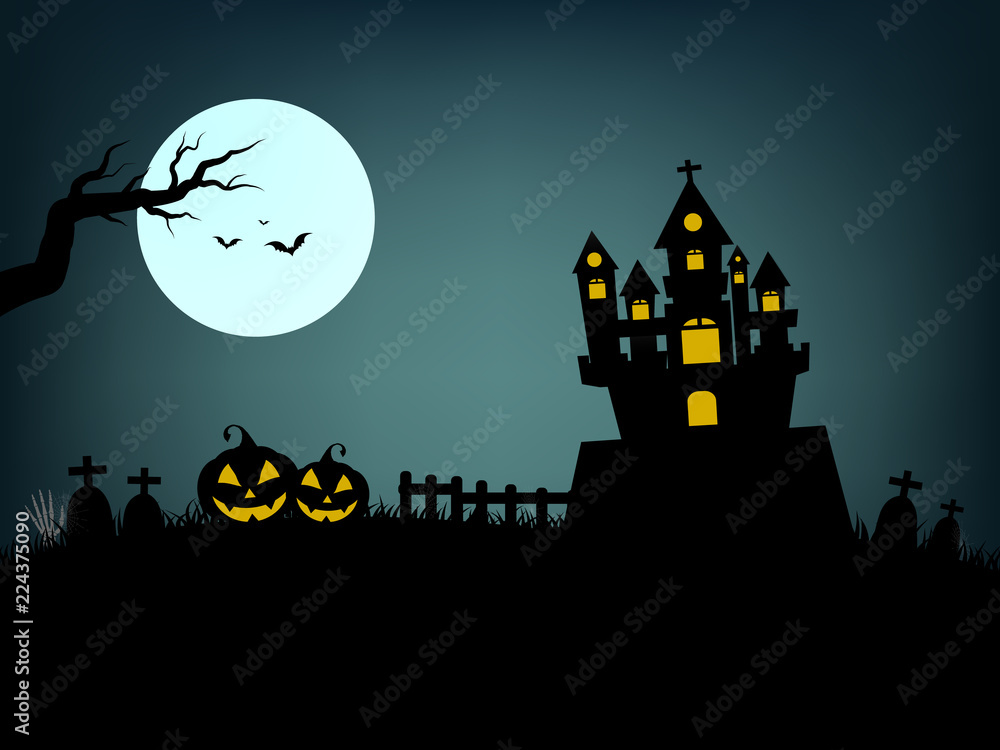 halloween day ,on a dark night the castle ,grave and ghost scary and dark flying bats and moon and pumpkin