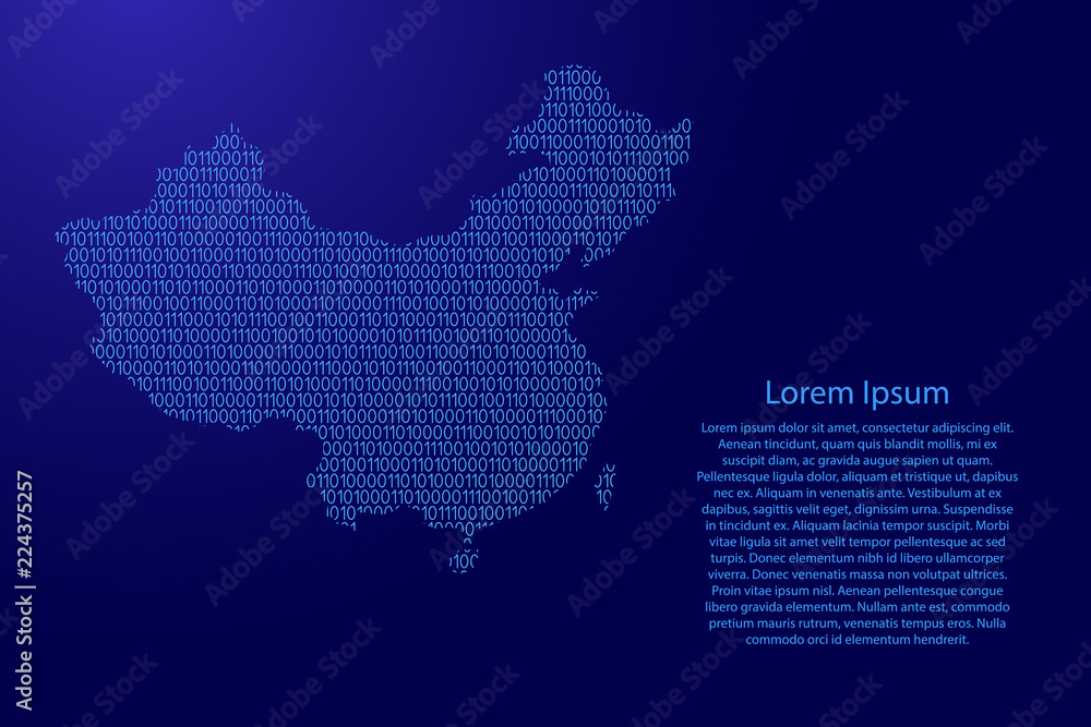 China map abstract schematic from blue ones and zeros binary digital code with space stars for banner, poster, greeting card. Vector illustration.