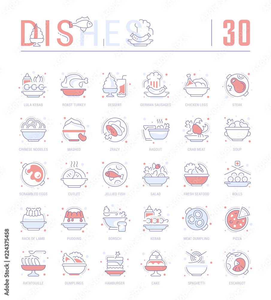 Set Blue Line Icons of Dishes of Different Countries.