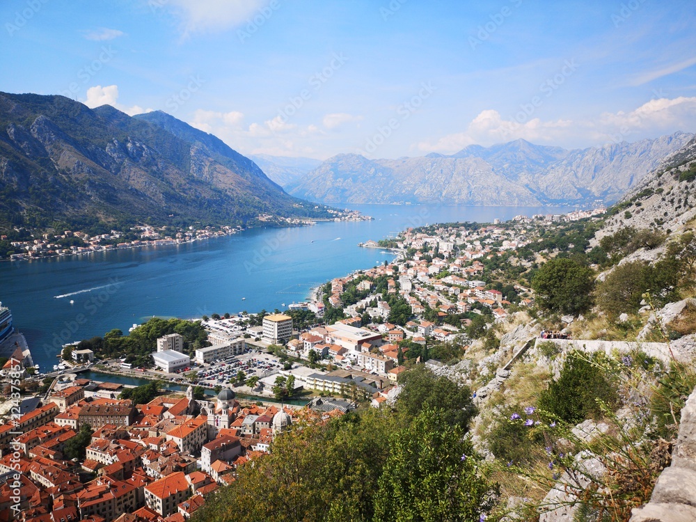 Stunning Scenic Views from Various Stages of Climb up the Castle of San Giovanni in Kotor Montenegro containing Blue Sea and Mountain Views