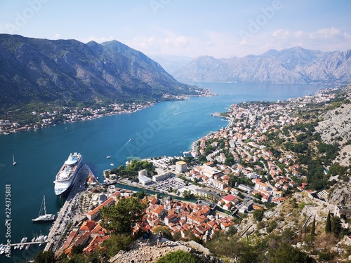 Stunning Scenic Views from Various Stages of Climb up the Castle of San Giovanni in Kotor Montenegro containing Blue Sea and Mountain Views