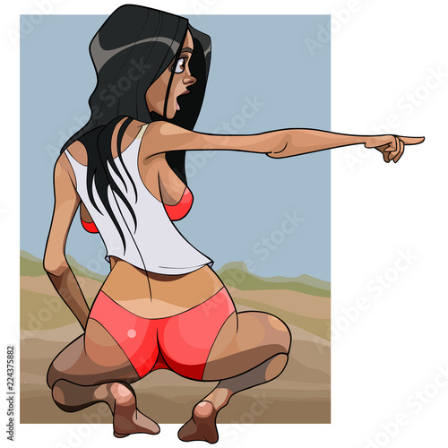 cartoon woman in beach clothes is pointing her finger in surprise