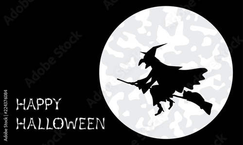 Silhouette of a witch flying on her broom with a cat in halloween on a full moon night.