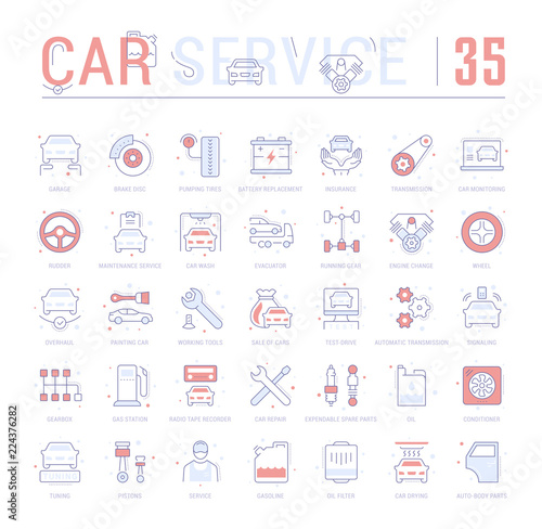 Set Blue Line Icons of Garage and Car Service.