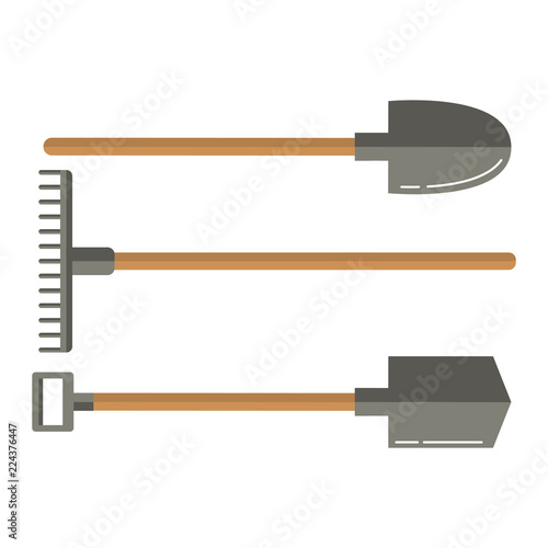 The set of garden stock for processing of the earth for farmers and gardeners. Consisting of shovels with the wooden handle.and a rake.Agriculture tool.In flat style vector.
